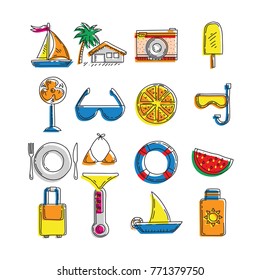 Set of vector doodle summer icons