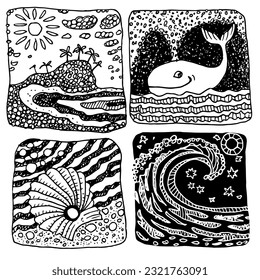 Set of vector doodle vintage landscape sketches. Black and white hand drawn tropical island, palm trees, ocean waves, fantasy whale. Coloring book page, tee shirt print