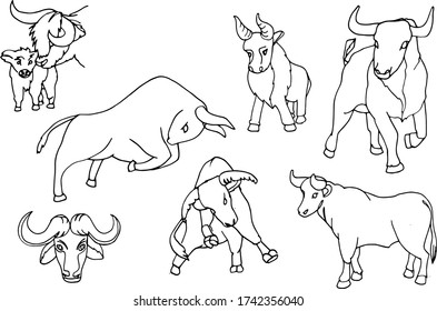 Set of vector doodles from 7 different bull poses