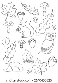 A set of vector doodles. Autumn theme. Black and white coloring.