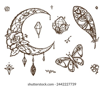 Set of vector doodles in boho style. Moon, feather, crystals, motte. Simple art.