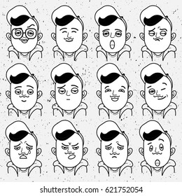Set of vector doodles.  Characters' faces with funny facial expressions on a grunge background.