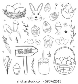 Set of vector doodles with chicken, rabbit, ornamental eggs, nest, flowers. Easter illustrations. 