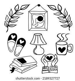 set of vector doodles. Cozy house, household items - slippers, coffee in hand, lamp, books and painting. Stay at home.