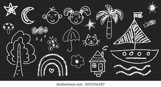 Set of vector doodles drawn with chalk by hand on a blackboard. Cute flower, ship, umbrella, animal elements, house, trees, rain, children, palm tree. Children's cute preschool activity, educational 