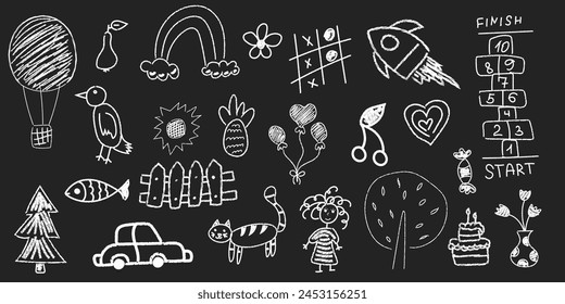 Set of vector doodles drawn with chalk by hand on a blackboard. Cute flower, rocket, animal elements, car, classics, trees. Baby side animal design for textiles, posters, flyers