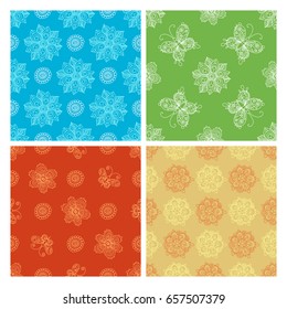 Set of vector doodles seamless patterns. Hand-drawn ornate flowers and butterflies. Bright summer boundless backgrounds.