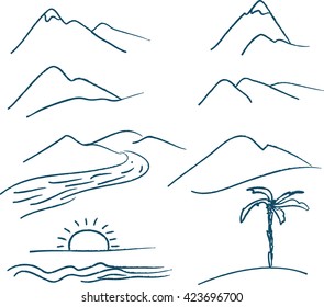 Set of vector doodles silhouette of mountain, hills and landscape.
Hand drawn design elements.