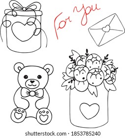 Set of vector doodles for Valentine's day. Bear, gift boxes, envelope and flowers. Graphics. Hand-drawn.
