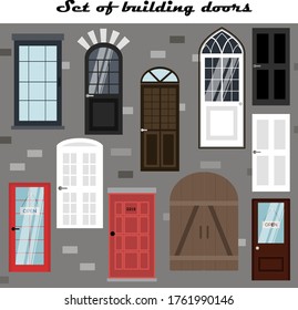 Conjunto de puertas vectoriales para edificios. Ilustración plana de diferentes tipos, diseños y estilos de estructuras de puertas. La fachada del edificio del Imperio, de estilo moderno y clásico. Vector para crear