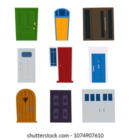 Set of vector doors, front facade entrance to buildings and houses with lock, eye, door handle. Flat vector illustration in cartoon style.