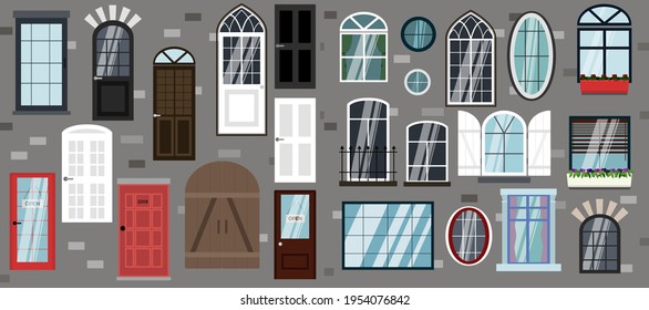 Set of vector doors and windows. Flat illustration of different types, designs and styles of door structures. The facade of the building in the modern, classic style. Illustrations for the design of