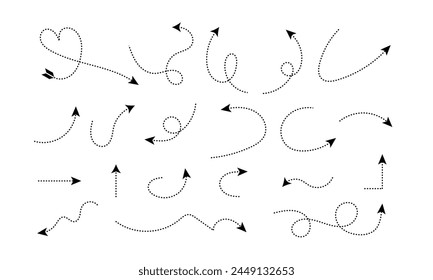 Set of vector dotted arrows. design elements. Hand draw doted line vector icons set, Clean dot style hand drawn doodle arrows.