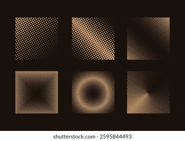 Set of vector dotted halftone in geometric shapes, halftone gradient squares set on black background.