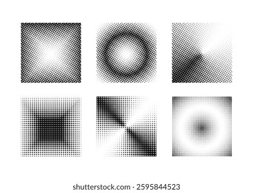 Set of vector dotted halftone in geometric shapes, halftone gradient squares set, abstract black and white vector patterns.