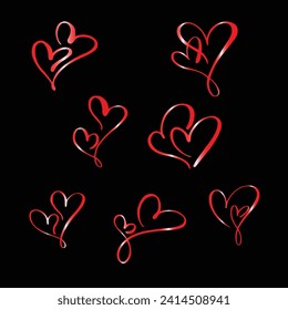 Set of vector double heart loop hand drawn scribble lines. Isolated on black background. Love symbol icon. Valentines day. greeting card, mug, photo overlays, t-shirt print, flyer, poster. Clip art.
