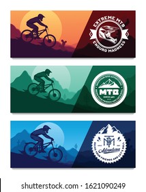 Set of vector downhill mountain biking banners with rider on a bike and desert wild nature landscape with cacti, desert herbs and mountains. Downhill, enduro, cross-country biking illustration