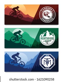 Set of vector downhill mountain biking banners with rider on a bike and desert wild nature landscape with cacti, desert herbs and mountains. Downhill, enduro, cross-country biking illustration