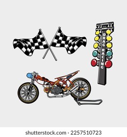 Set von Vektormotorrädern, Rennflags und Schleppleuchten für Thailook-T-Shirt-Designs