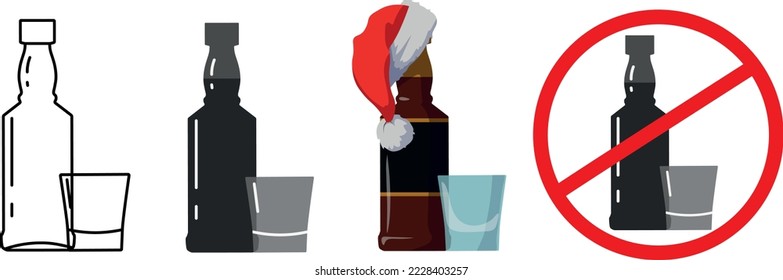 Establecer el dibujo vectorial del alcohol. Barra de Whiskey. Icono de prohibición de alcohol