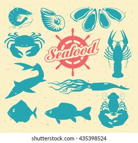 set of vector drawing animals on the theme of seafood