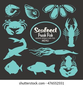 set of vector drawing animals on the theme of seafood