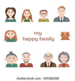 
A set of vector drawing avatars. Cartoon portraits of children and adults of different ages isolated on white