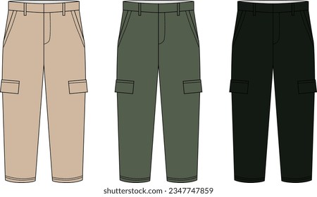 Set vector drawing of cargo pants, beige, green black colors. Outline drawing of trousers with pockets, vector. Fashion pants template in casual style with leg pockets.