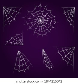 Set of vector drawing cobwebs in sketch style on a purple background. Spider webs for banners, cards, invitations, holiday, halloween