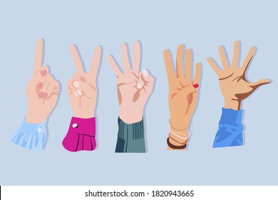 Set of vector drawing count fingers on hands. Numbers shown by fingers on hands. Drawn wrist hand style flat, cartoon. Hand icons. Counting on the fingers.