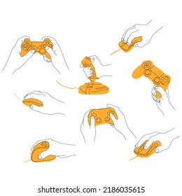 Set of vector drawing hand holding computer mouse joystick. The style is flat, outline, line. Decoration of postcards, delicate, covers