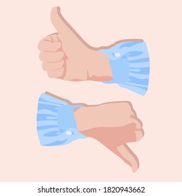 Conjunto de dibujo vectorial de los pulgares hacia arriba y hacia abajo. Pros y contras mostrados por las manos. Plano de muñeca dibujada, caricatura. Iconos de mano.