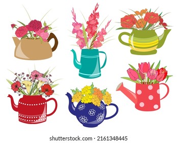 set of vector drawing kettle with bouquet of flowers, sticker set, flower clipart