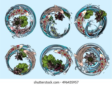 Set vector drawing koi and lotus for background and text.