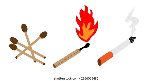 Set of vector drawing matches burning cigarette match. The style is flat, cartoon. Postcard design, banner, icon, badge