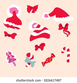 Set of vector drawing of red Christmas hats, butterflies, sweets on a pink background in flat design. New Year mood. Print, decoration of cards, invitations