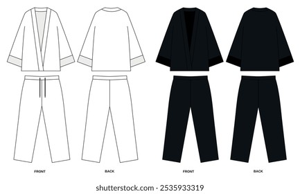 Set vector drawing of shirt and pants, front and back view.  Sketch of pajama suit for home and leisure from pants and cape. Set of kimono costume templates in white and black colors.