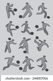 Set of vector drawing of soccer player kicking soccer ball icons in grey and black isolated on light grey background