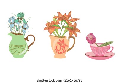 conjunto de jarrón vectorial de dibujo con ramo de flores, conjunto de stickers, flor clipart