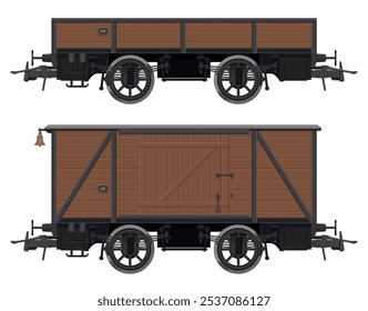 Dibujo de Vector del carro de madera del vagón de carga del ferrocarril retro de la vendimia en estilo de la historieta