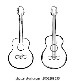 Set of vector drawings of an acoustic guitar. Musical instrument. Tribal tattoo. illustration for t shirt print. Rock'n'roll symbol. Grunge music illustration for your design. New minimalism.