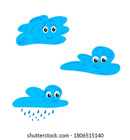 Set of vector drawings baby clouds handmade on a white isolated background. Cute bed pattern in flat design. Printing on textiles, wallpaper, clothing.