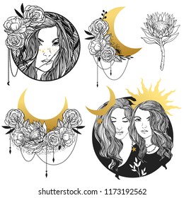 Set of vector drawings in boho style. Beautiful girls, flowers, golden decorative elements. 