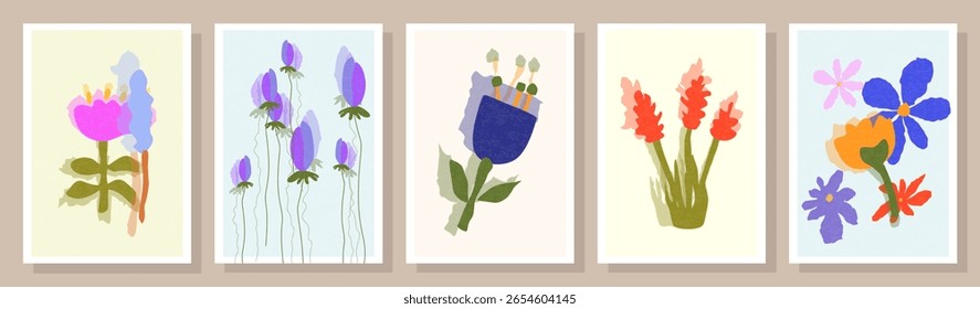 Um conjunto de desenhos vetoriais com flores botânicas. Desenhos de flores e folhas abstratos para impressão, papel de parede, cliparts e arte de parede para decoração de casa.