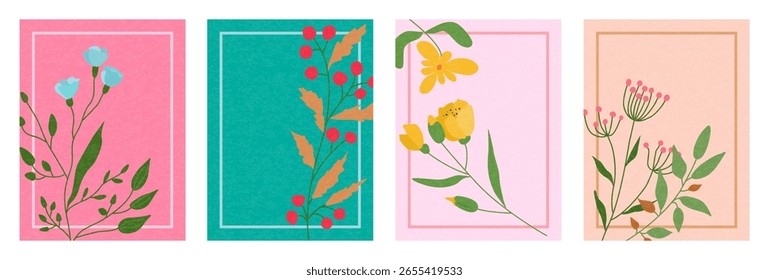 A set of vector drawings with botanical flowers. Abstract pattern of flowers and leaves for printing, wallpaper, cliparts, for wall decoration at home.