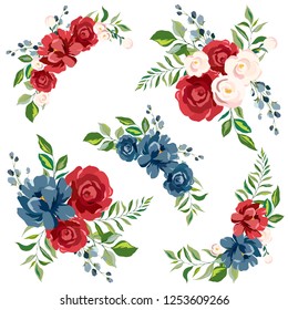 set of vector drawings, bouquets of flowers with leaves