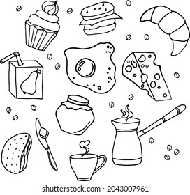 A set of vector drawings of breakfast products. Doodle food illustrations: turkey with coffee, scrambled eggs, bread and butter, cheese, croissant, honey, pear juice, cake, hamburger