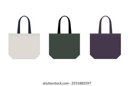 Satz von Vektorgrafiken von Leinwand-Tasche weiß, grün, lila Farben, einzeln auf weißem Hintergrund. Kollektion von Skizzen Totes Tasche Shopper Tasche aus natürlichen Materialien für umweltfreundlichen Einkauf.