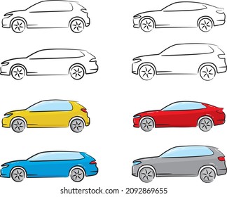 Set of vector drawings of cars from the side view. Small car, sedan, dungeon, SUV. Simple drawing of black lines and colored car icons.