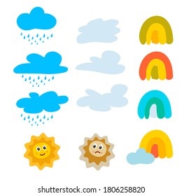 Set of vector drawings of children's rainbow, clouds, sun handmade on a white isolated background. Cute bed pattern in flat design. Printing on textiles, wallpaper, clothing.
